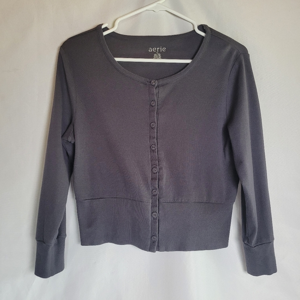 aerie Charcoal Gray Button Front Cropped 3/4 Sleeve Sweater Size L